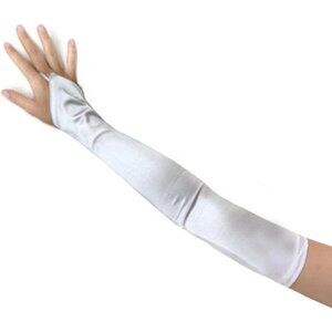 Women's White Finger Loop Fingerless Long Satin Gloves Wedding Party Prom